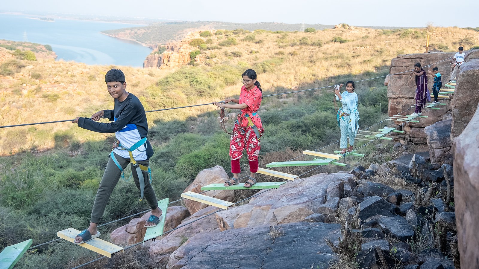 Students participating in high rope course at Gandikota with Adventure Sports Academy of Andhra Pradesh (ASAAP)